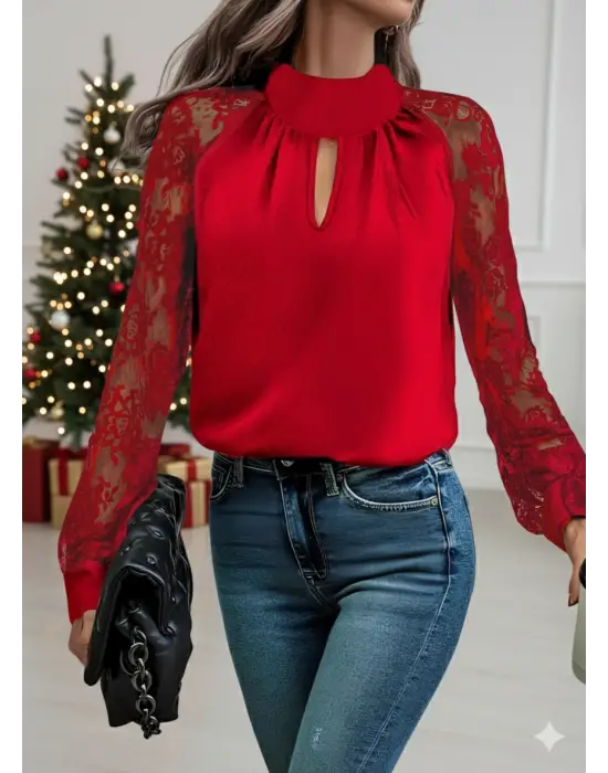 Kadın Uzun Kollu Göğüs Pencere Detay Yaka Boğazlı Kolları Tüllü Sandy Bluz