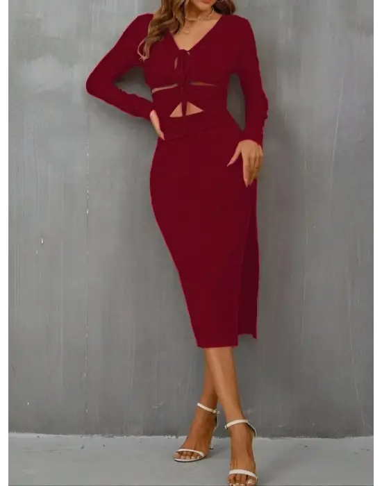 Kadın Uzun Kollu Göğüs Ve Göbek Dekolte Detay Sandy Midi Boy Elbise