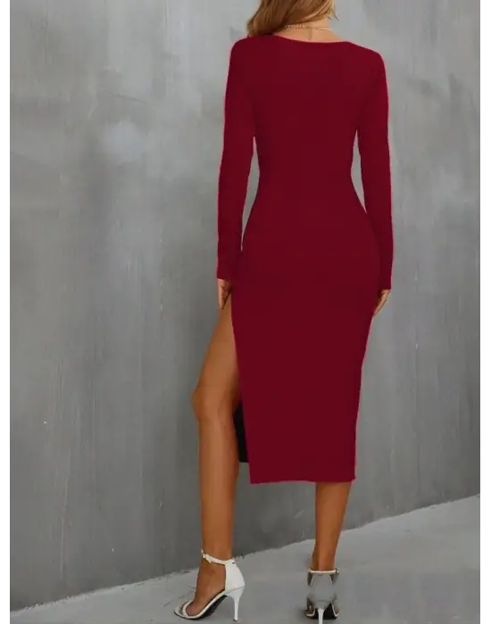Kadın Uzun Kollu Göğüs Ve Göbek Dekolte Detay Sandy Midi Boy Elbise