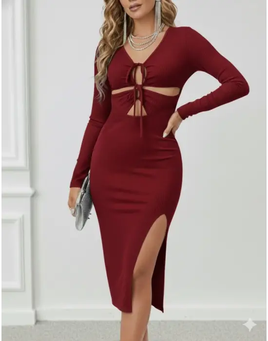 Kadın Uzun Kollu Göğüs Ve Göbek Dekolte Detay Sandy Midi Boy Elbise