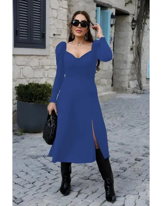 Kadın Uzun Kollu Göğüs Ve Sırt Dekolteli Krep Midi Boy Elbise