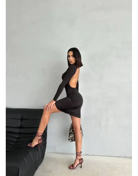 Kadın Uzun Kollu Göğüs Ve Sırt Dekolteli Kruvaze Etek Detay Fırsat ürün Mini Elbise