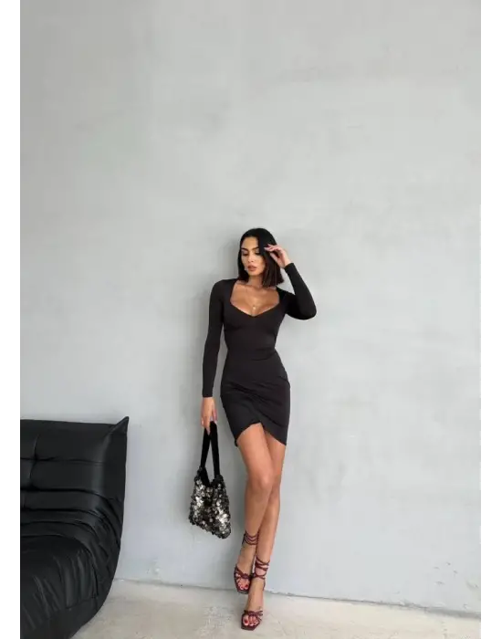 Kadın Uzun Kollu Göğüs Ve Sırt Dekolteli Kruvaze Etek Detay Fırsat ürün Mini Elbise