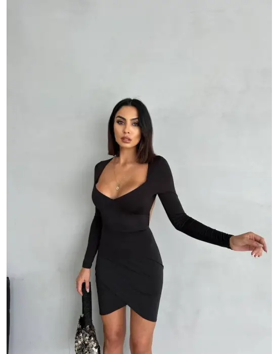 Kadın Uzun Kollu Göğüs Ve Sırt Dekolteli Kruvaze Etek Detay Fırsat ürün Mini Elbise