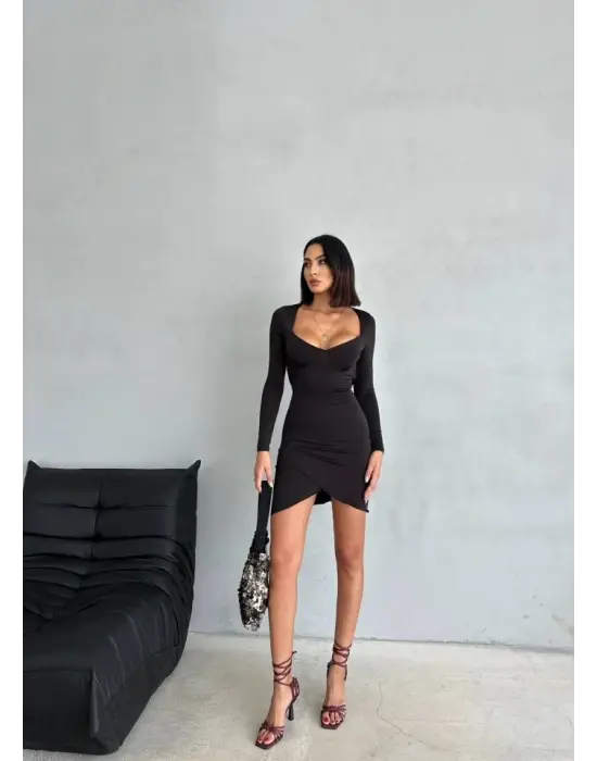 Kadın Uzun Kollu Göğüs Ve Sırt Dekolteli Kruvaze Etek Detay Fırsat ürün Mini Elbise