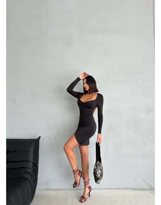 Kadın Uzun Kollu Göğüs Ve Sırt Dekolteli Kruvaze Etek Detay Fırsat ürün Mini Elbise