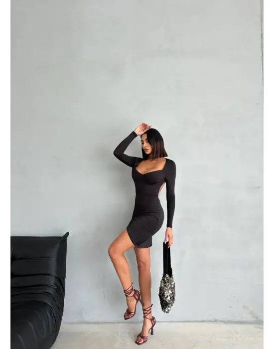 Omarı Derin Dekolteli Kruvaze Etek Detaylı Mini Elbise