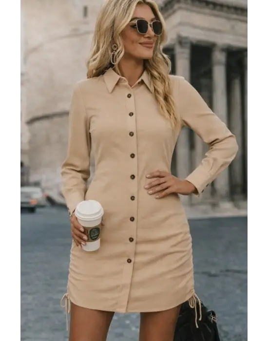 Kadın Uzun Kollu Gömlek Yaka önden Düğmeli Yanlardan Büzgülü Kısa Aerobin Elbise