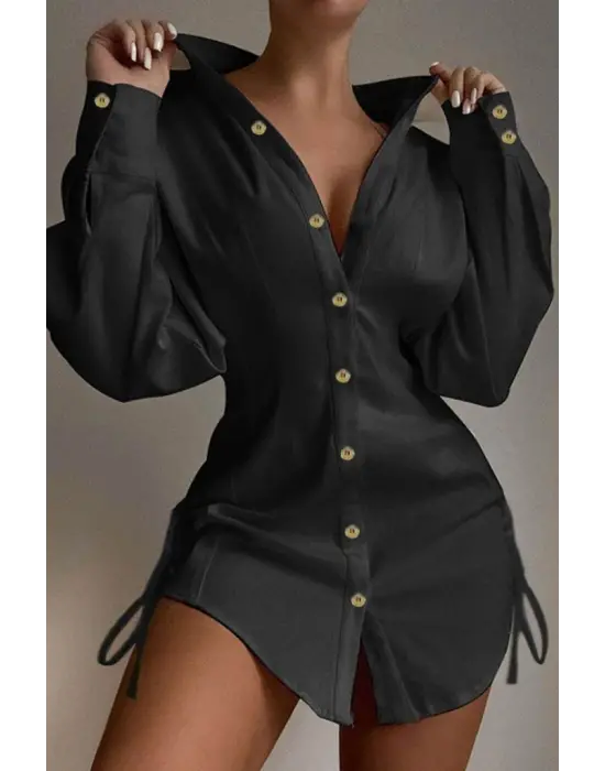 Kadın Uzun Kollu Gömlek Yaka önden Düğmeli Yanlardan Büzgülü Kısa Aerobin Elbise