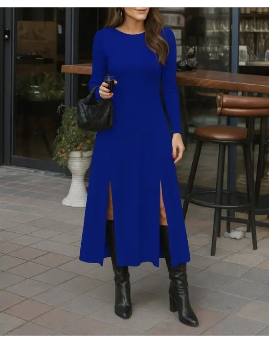 Kadın Uzun Kollu Hafif Kayık Yaka Sırt Dekolteli Yırtmaç Detaylı Viskon Tam Boy Elbise