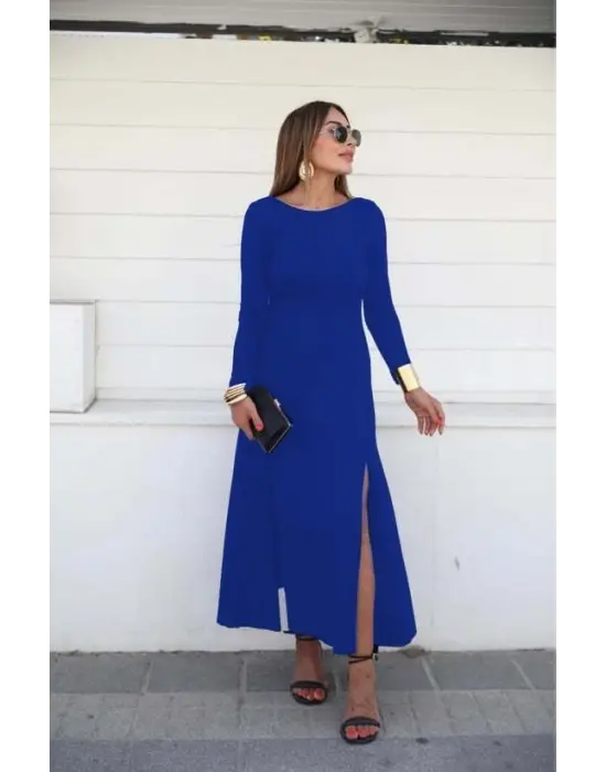 Kadın Uzun Kollu Hafif Kayık Yaka Sırt Dekolteli Yırtmaç Detaylı Viskon Tam Boy Elbise