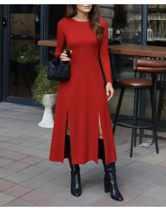 Kadın Uzun Kollu Hafif Kayık Yaka Sırt Dekolteli Yırtmaç Detaylı Viskon Tam Boy Elbise