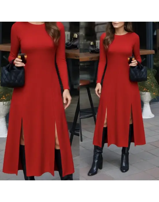 Kadın Uzun Kollu Hafif Kayık Yaka Sırt Dekolteli Yırtmaç Detaylı Viskon Tam Boy Elbise