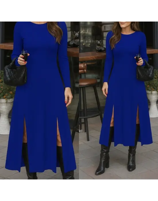 Kadın Uzun Kollu Hafif Kayık Yaka Sırt Dekolteli Yırtmaç Detaylı Viskon Tam Boy Elbise