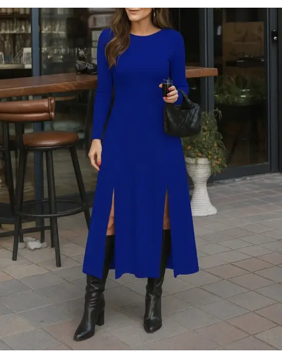 Kadın Uzun Kollu Hafif Kayık Yaka Sırt Dekolteli Yırtmaç Detaylı Viskon Tam Boy Elbise