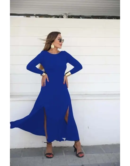 Kadın Uzun Kollu Hafif Kayık Yaka Sırt Dekolteli Yırtmaç Detaylı Viskon Tam Boy Elbise