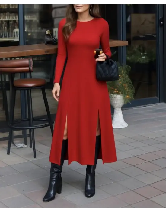 Kadın Uzun Kollu Hafif Kayık Yaka Sırt Dekolteli Yırtmaç Detaylı Viskon Tam Boy Elbise