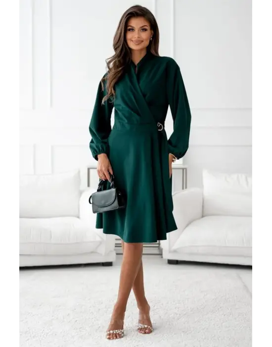 Kadın Uzun Kollu Hakim V Yakalı Yandan Toka Detaylı Ithal Mini Krep Elbise