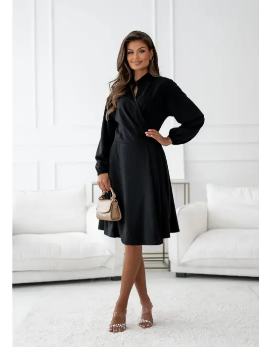Kadın Uzun Kollu Hakim V Yakalı Yandan Toka Detaylı Ithal Mini Krep Elbise