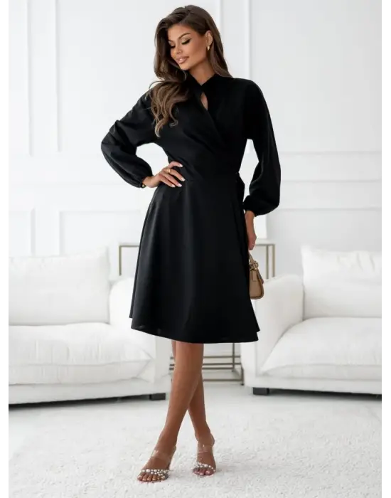 Kadın Uzun Kollu Hakim V Yakalı Yandan Toka Detaylı Ithal Mini Krep Elbise