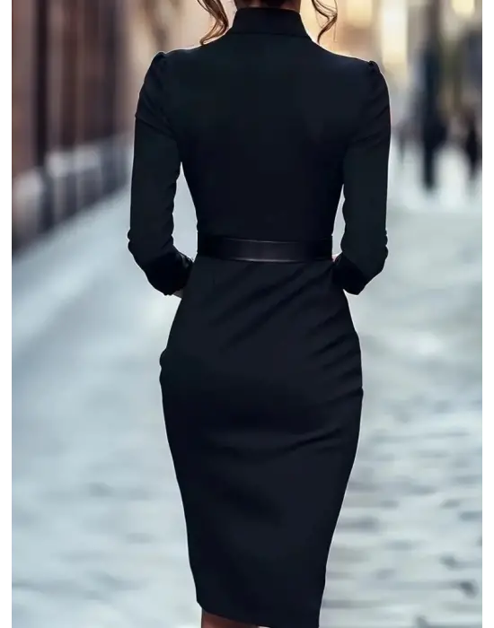 Kadın Uzun Kollu Hakim Yaka Beli Kemerli Cepli Midi Ithal Krep Elbise