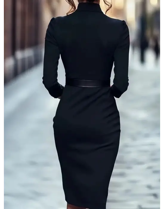 Kadın Uzun Kollu Hakim Yaka Beli Kemerli Cepli Midi Ithal Krep Elbise