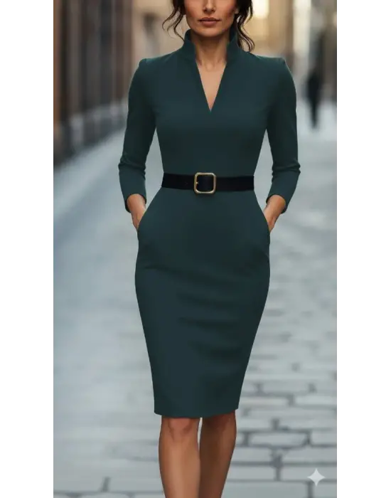 Kadın Uzun Kollu Hakim Yaka Beli Kemerli Cepli Midi Ithal Krep Elbise