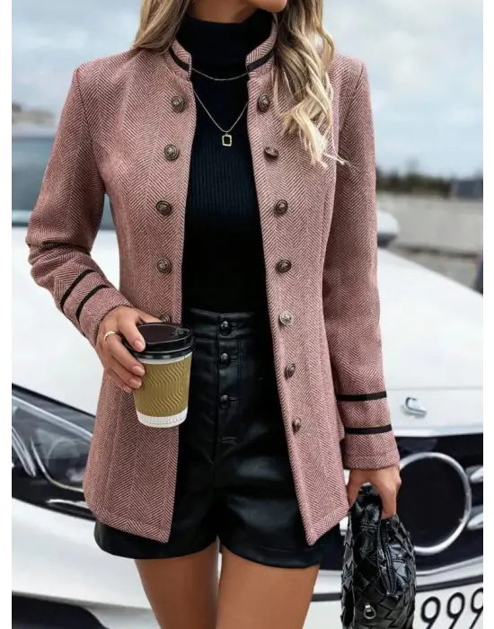 Kadın Uzun Kollu Hakim Yaka Düğme Detaylı Mini Dokuma Ceket