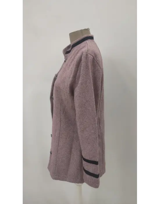 Kadın Uzun Kollu Hakim Yaka Düğme Detaylı Mini Dokuma Ceket