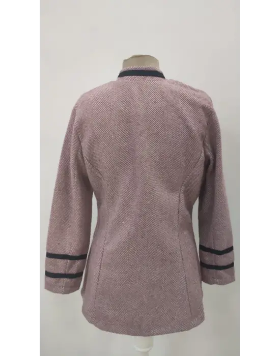 Kadın Uzun Kollu Hakim Yaka Düğme Detaylı Mini Dokuma Ceket