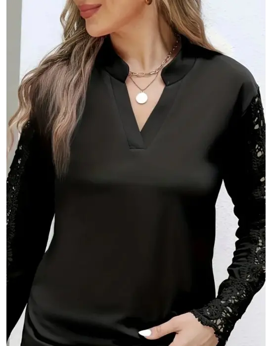 Kadın Uzun Kollu Hakim Yaka Kolları Dantel Detaylı Ithal Krep Bluz