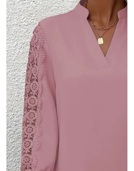 Kadın Uzun Kollu Hakim Yaka Kolları Dantel Detaylı Ithal Krep Bluz