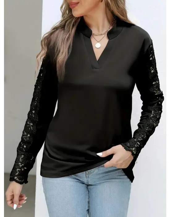 Kadın Uzun Kollu Hakim Yaka Kolları Dantel Detaylı Ithal Krep Bluz