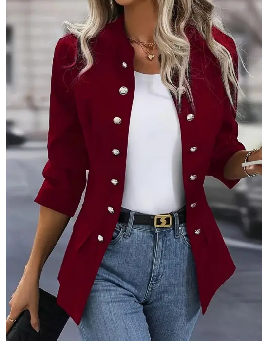 Kadın Uzun Kollu Hakim Yaka önden Düğmeli Kısa Atlas Ceket