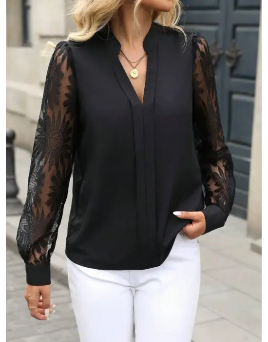 Kadın Uzun Kollu Hakim Yaka Tül Detay Ithal Krep Bluz