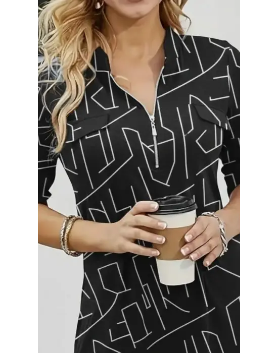 Kadın Uzun Kollu Hakim Yaka Yakadan Fermuarlı Geometrik Desenli Süprem Bluz