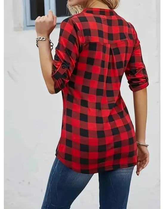 Kadın Uzun Kollu Hakim Yaka Yakadan Fermuarlı Geometrik Desenli Süprem Bluz