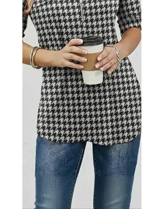 Kadın Uzun Kollu Hakim Yaka Yakadan Fermuarlı Geometrik Desenli Süprem Bluz