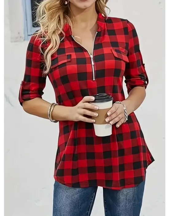 Kadın Uzun Kollu Hakim Yaka Yakadan Fermuarlı Geometrik Desenli Süprem Bluz