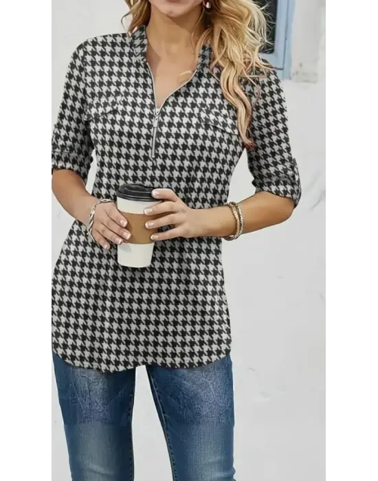 Kadın Uzun Kollu Hakim Yaka Yakadan Fermuarlı Geometrik Desenli Süprem Bluz