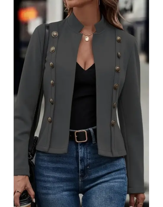 Kadın Uzun Kollu Hakim Yaka Yanlardan Düğmeli Kısa Süet Ceket
