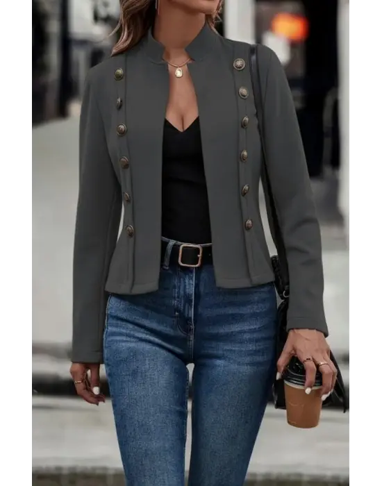 Kadın Uzun Kollu Hakim Yaka Yanlardan Düğmeli Kısa Süet Ceket