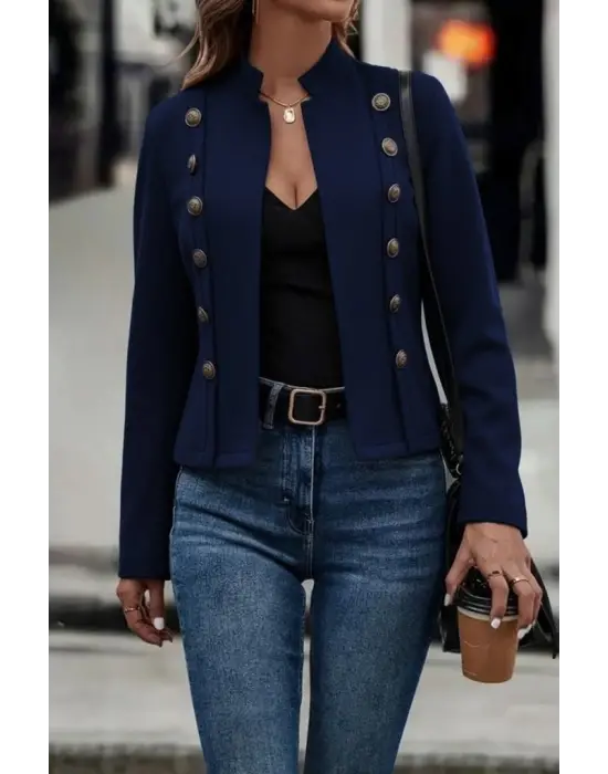 Kadın Uzun Kollu Hakim Yaka Yanlardan Düğmeli Kısa Süet Ceket
