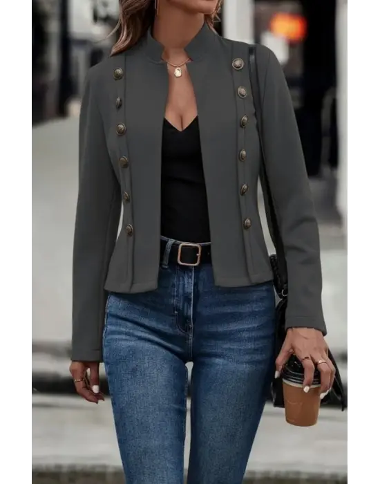 Kadın Uzun Kollu Hakim Yaka Yanlardan Düğmeli Kısa Süet Ceket