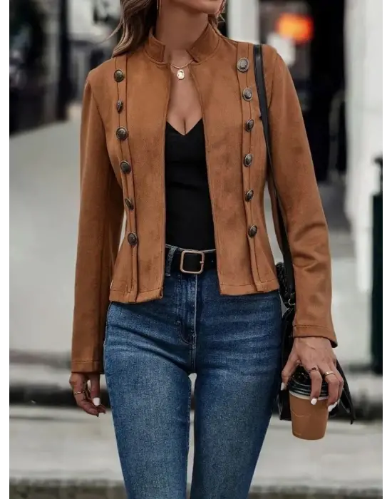 Kadın Uzun Kollu Hakim Yaka Yanlardan Düğmeli Kısa Süet Ceket