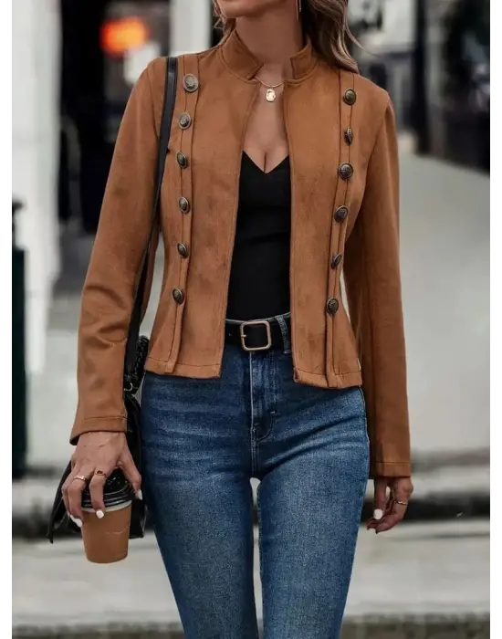 Kadın Uzun Kollu Hakim Yaka Yanlardan Düğmeli Kısa Süet Ceket