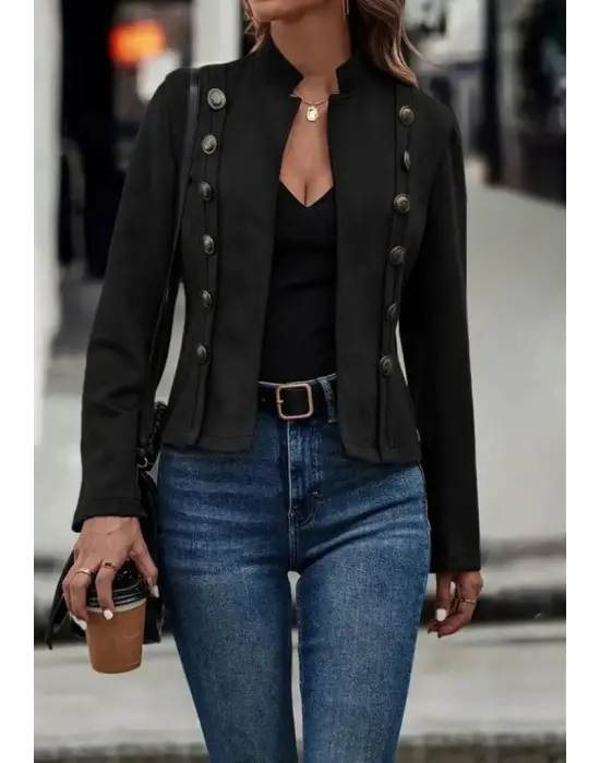 Kadın Uzun Kollu Hakim Yaka Yanlardan Düğmeli Kısa Süet Ceket