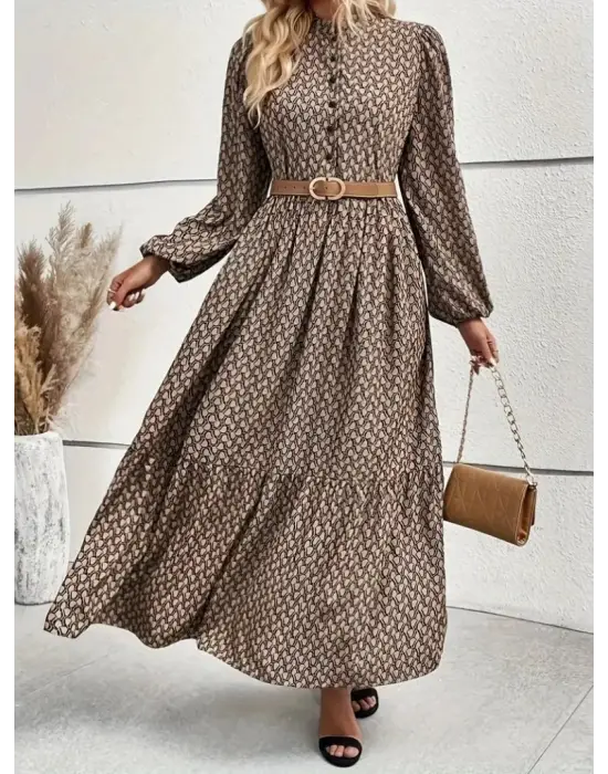 Kadın Uzun Kollu Hakim Yakalı Düğmeli Kemersiz Desenli Maxi Süprem Elbise