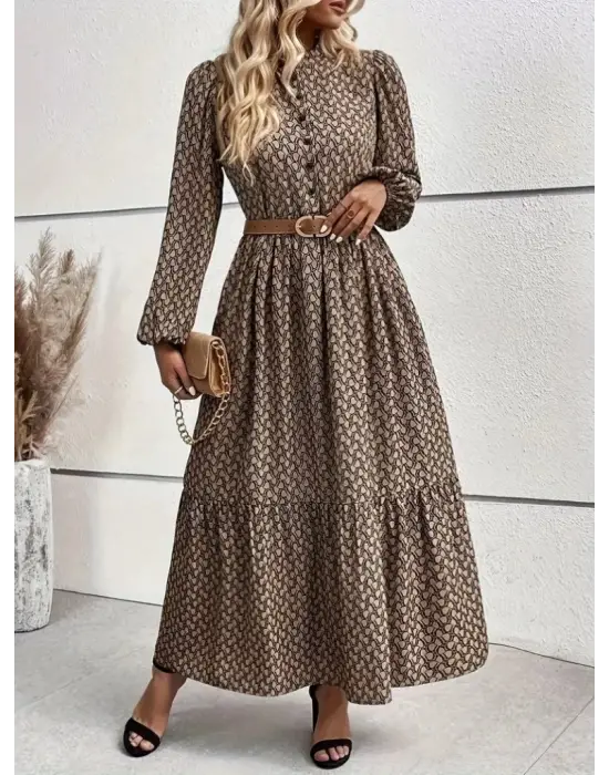 Kadın Uzun Kollu Hakim Yakalı Düğmeli Kemersiz Desenli Maxi Süprem Elbise