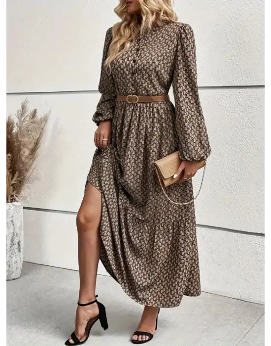 Kadın Uzun Kollu Hakim Yakalı Düğmeli Kemersiz Desenli Maxi Süprem Elbise